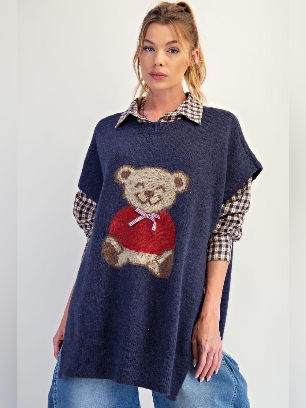 Easel Blueberry Teddy Bear Front Knitted Sweater Vest
